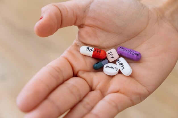 Photo hand with depression pills