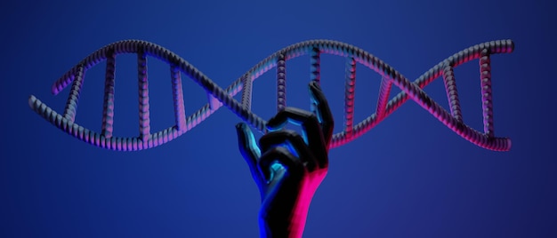 Фото Рука с молекулами спирали днк человека исследование клеток науки биологического человека со структурой крови 3d рендеринг иллюстрации