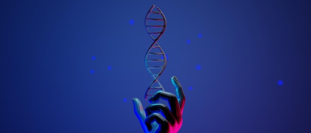 Hand with dna human helix molecules cell research of science biologicalman with blood structure 3d illustration rendering