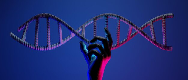 Hand with dna human helix molecules cell research of science biologicalman with blood structure 3d illustration rendering