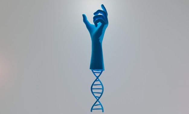 Photo hand with dna human helix molecules cell research of science biologicalman with blood structure genome 3d illustration rendering