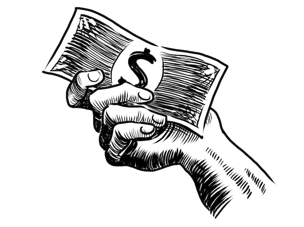 Hand with a dollar banknote Handdrawn black and white illustration