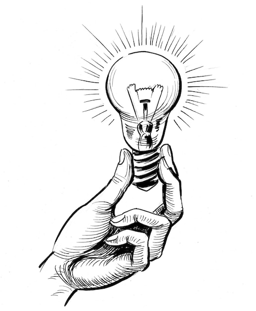 Hand with an electric bulb. Ink black and white drawing