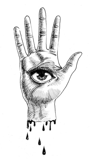 Photo hand with an eye. ink black and white drawing