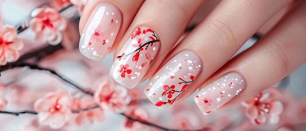 Photo a hand with fingernails artfully painted with cherry blossom designs