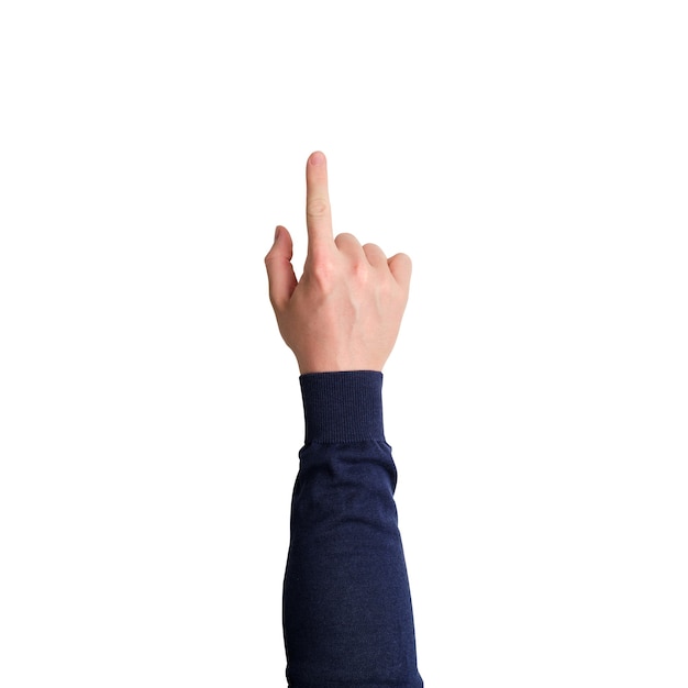 Photo hand with forefinger in a sweater isolated.
