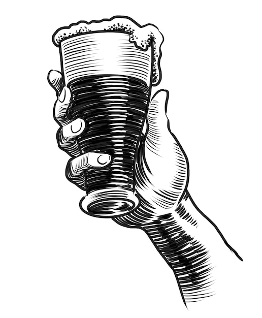 Hand with a glass of beer Handdrawn black and white illustration