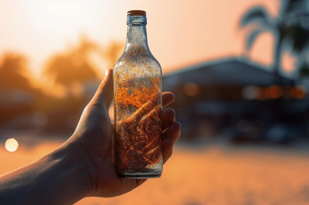 Hand with glass bottle bokeh background digital illustration Generative AI