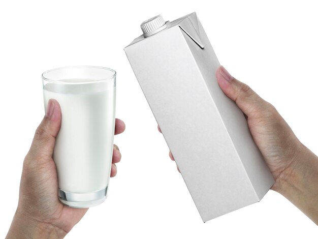 Photo hand with glass carton of milk package in hand isolated on white background