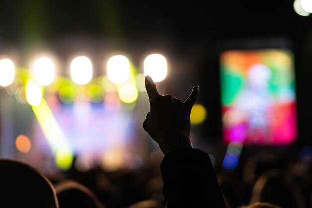 hand with a goat sign of a dancing fan from crowd at a rock concert of a popular band