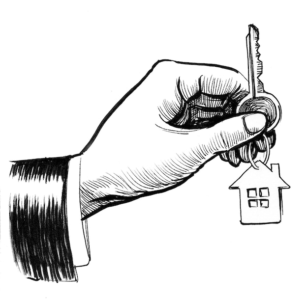 Hand with a home key. Ink black and white drawing