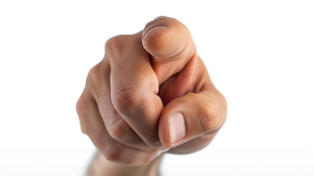 A hand with the index finger pointing at the viewer on a white background