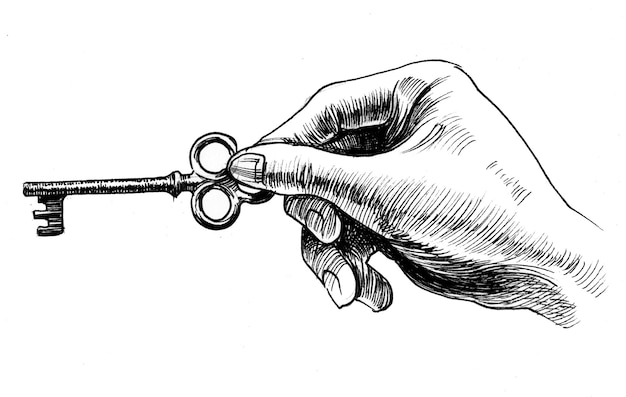 Photo hand with a key. ink black and white drawing