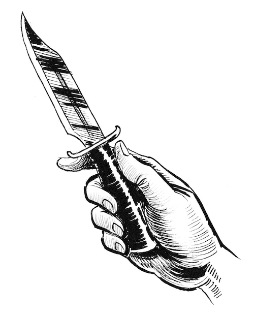 Hand with a knife. Ink black and white drawing