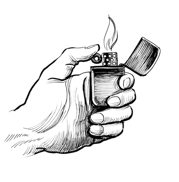 Hand with a lighter. Ink black and white drawing