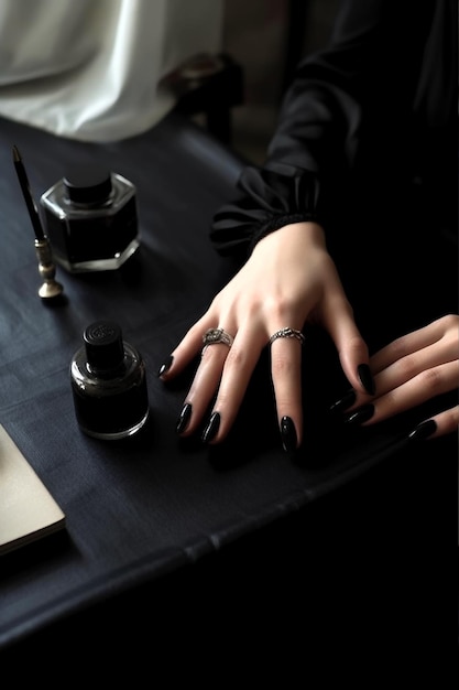 Hand with long artificial manicured nails colored with black nail polish halloween manicure ai
