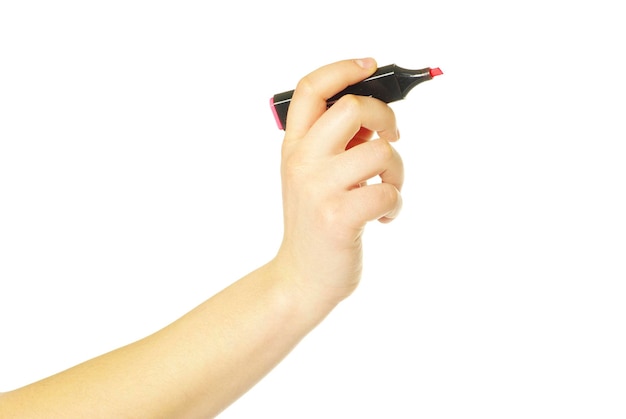 Hand with marker isolated on white background