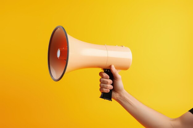 Photo hand with megaphone isolated on yellow background ai