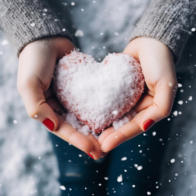 hand with mittens holding a heart made of snow AI Generative