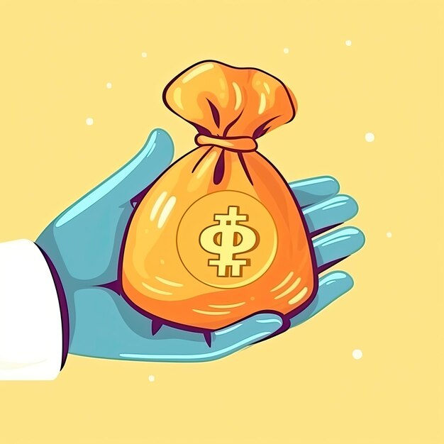 Hand with money bag and gold coin cartoon Vector icon illustration Financial business concept isolat