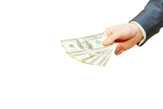 Photo hand with money isolated on white background