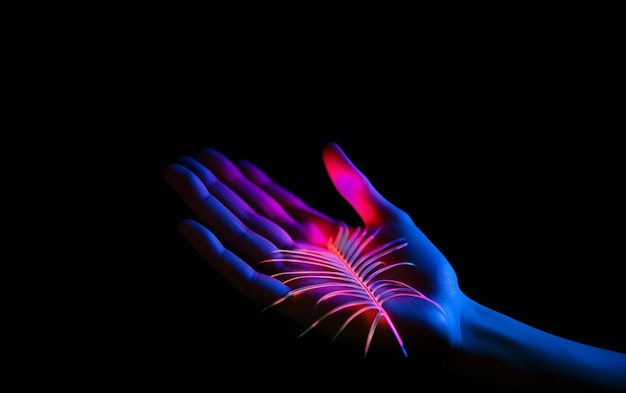 Photo a hand with a neon feather on it