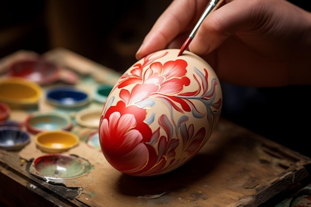 Фото Рука с кистью рисует пасхальное яйцо с красными украшениями