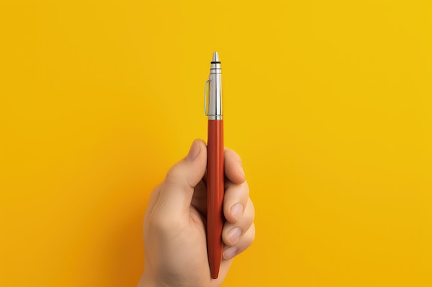 Hand with pen isolated on yellow background hand writing with pen ai