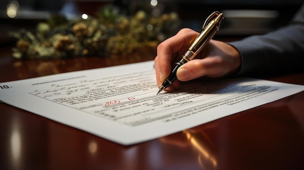 A hand with a pen signs a sheet of paper an important document for signing an agreement