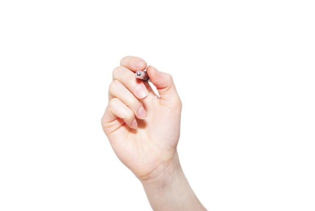 Hand with pen on white background