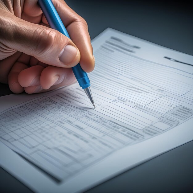 Photo hand with pen writing on document