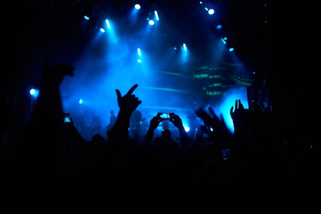 Рука с телефоном записывает фестиваль живой музыки Люди фотографируют со смартфоном во время концерта