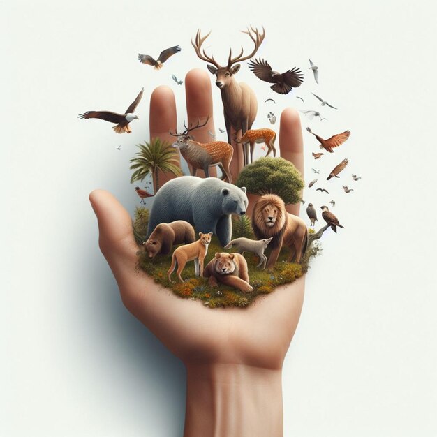 a hand with a picture of animals and birds on it