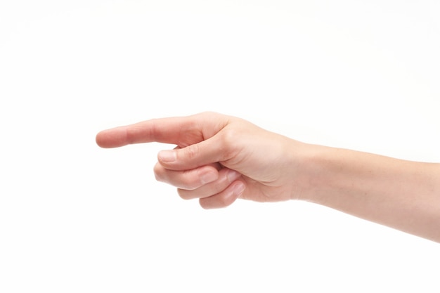 Hand with pointing finger on white background, copy space