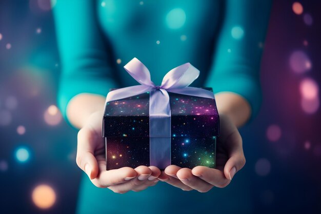 Foto mano con regalo di regalo scatola di natale su sfondo bokeh