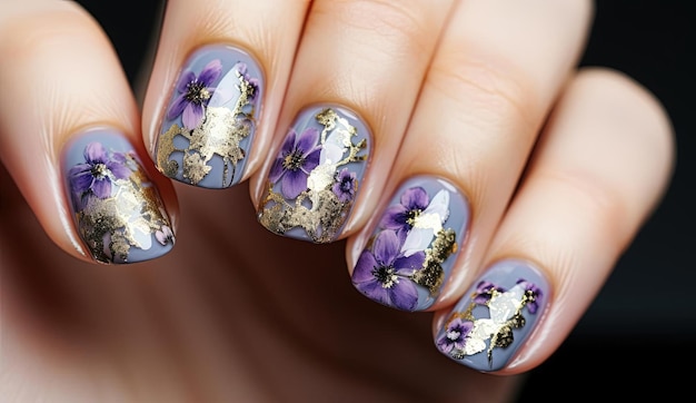рука с фиолетовыми цветами и золотыми блестящими ногтями в стиле реалистичной акварели