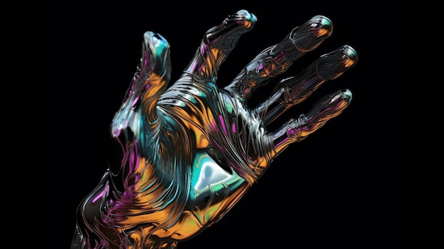 A hand with a rainbow colored glove on it