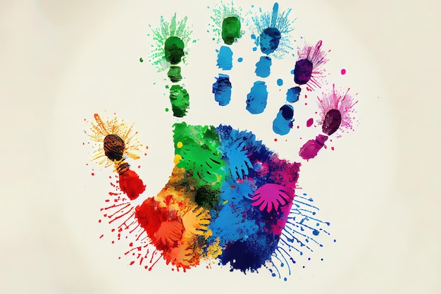 무지개 색의 손은 다채로운 페인트로 둘러싸여 있습니다.