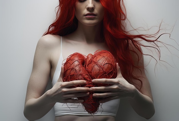 hand with red hair holding a paper cut out of a heart concept in the style of threads