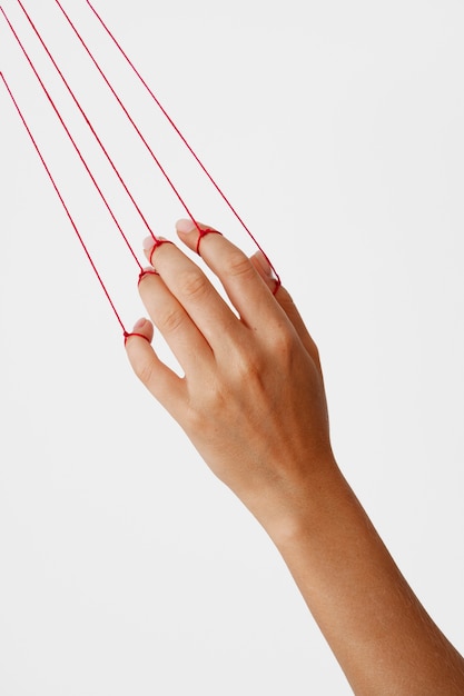 Photo hand with red thread and white background