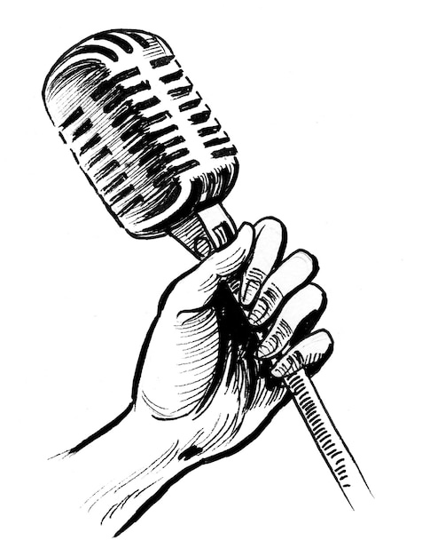 Photo hand with a retro microphone. ink black and white drawing