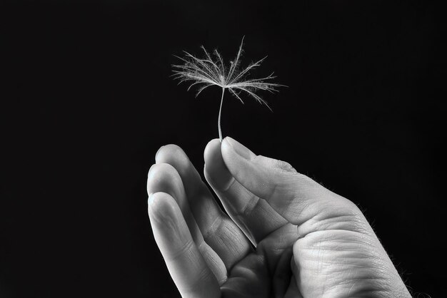 The hand with the seed of a dandelion on a dark background