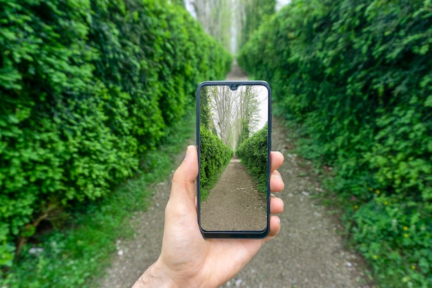 Hand with a smartphone picture on the background of nature greenery and the road in the park photography internet and networking in travel concept high quality photo