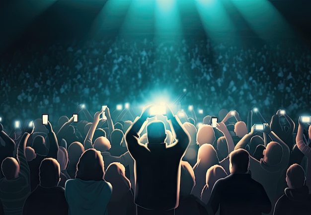 Hand with the smartphone turned on to record or take pictures during the live concert