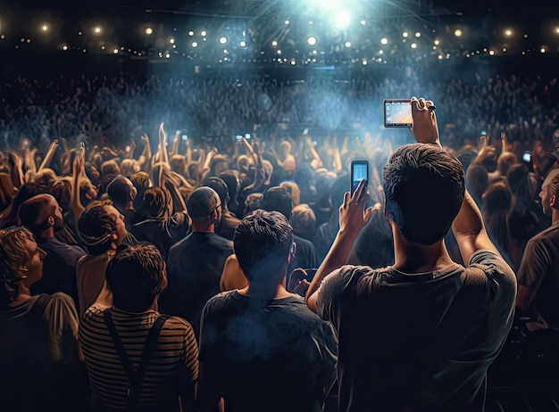 Hand with the smartphone turned on to record or take pictures during the live concert