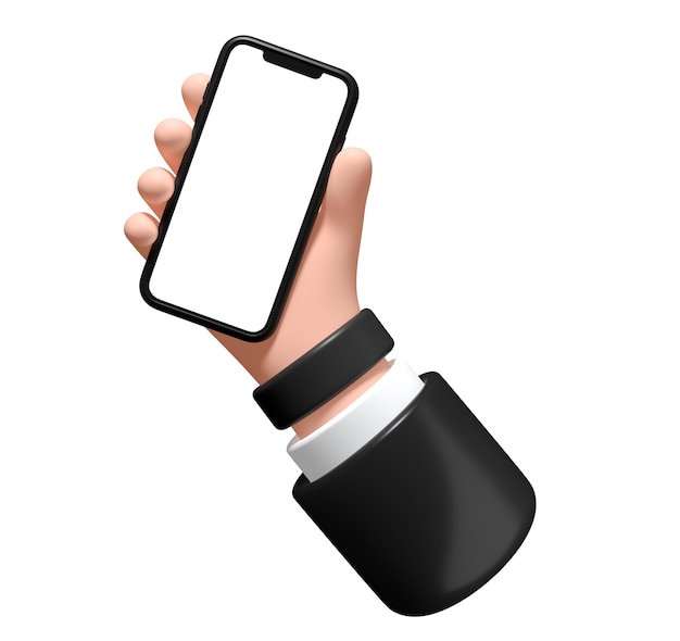 Mano con uno smartphone su uno sfondo bianco illustrazione 3d uomo d'affari tiene un telefono in mano