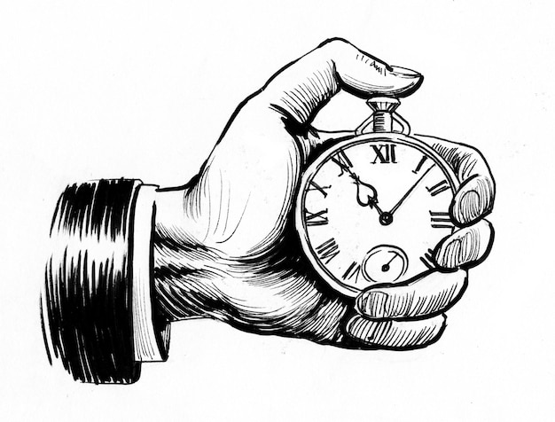 Photo hand with stop clock. ink black and white drawing