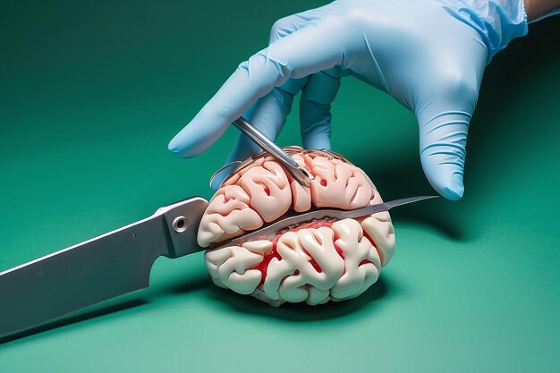 Foto mano con un coltello chirurgico che disseca il cervello