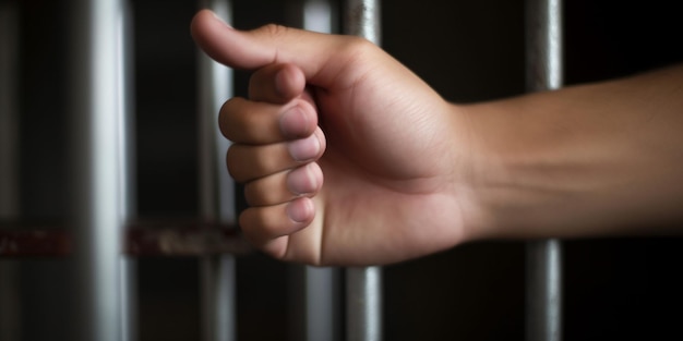 Foto una mano con il pollice in alto su una cella di prigione