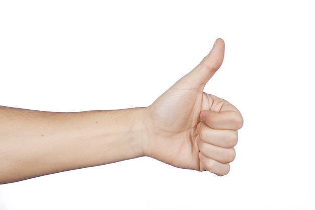 Hand with thumbs up as a like sign. Isolated on white background.